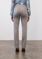 Back view of gray denim featuring patch pockets and pencil leg fit by French Dressing Jeans (FDJ)