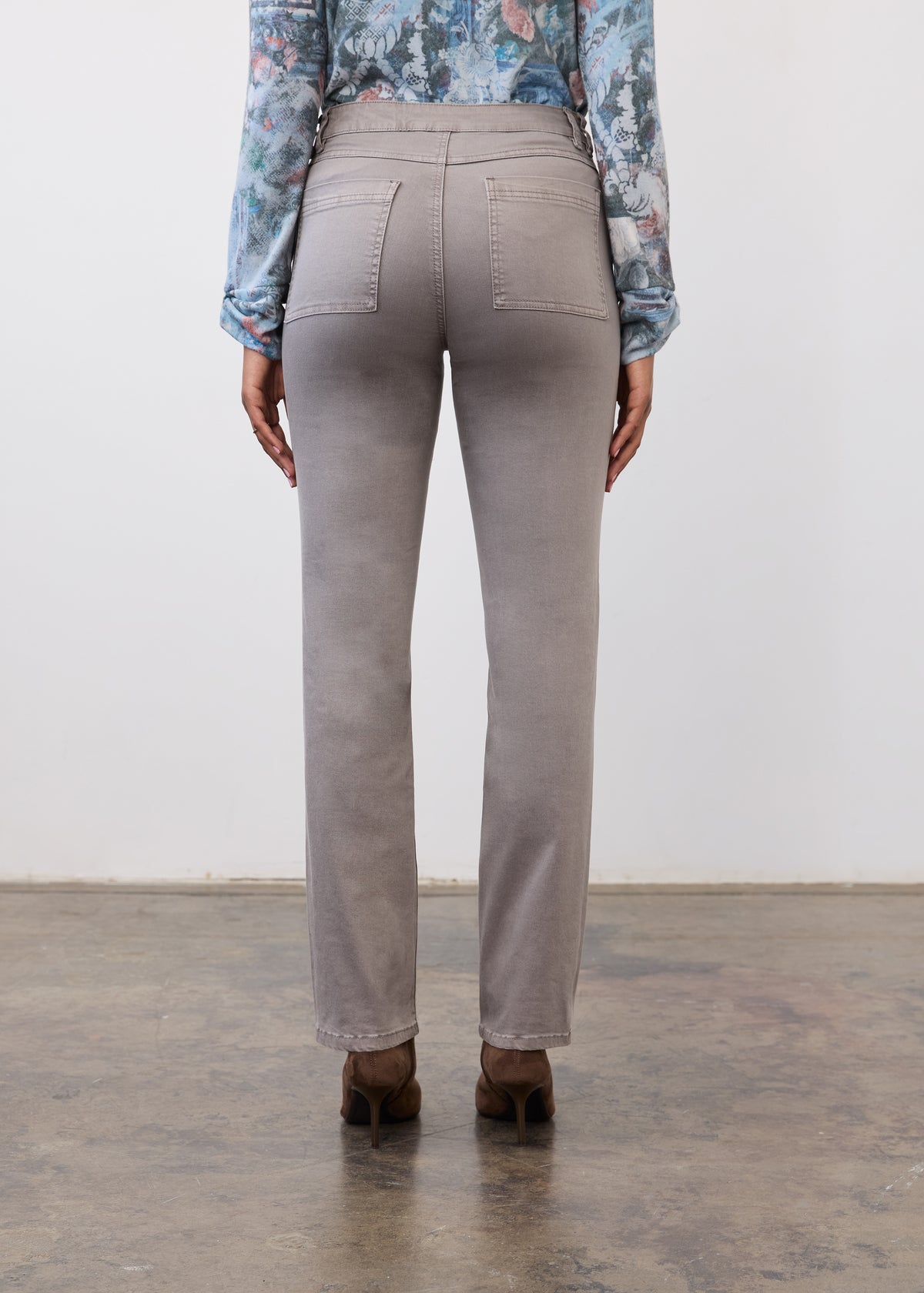 Back view of gray denim featuring patch pockets and pencil leg fit by French Dressing Jeans (FDJ)
