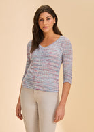 Front view of multicolor V-neck sweater with three-quarter sleeves by French Dressing Jeans (FDJ)