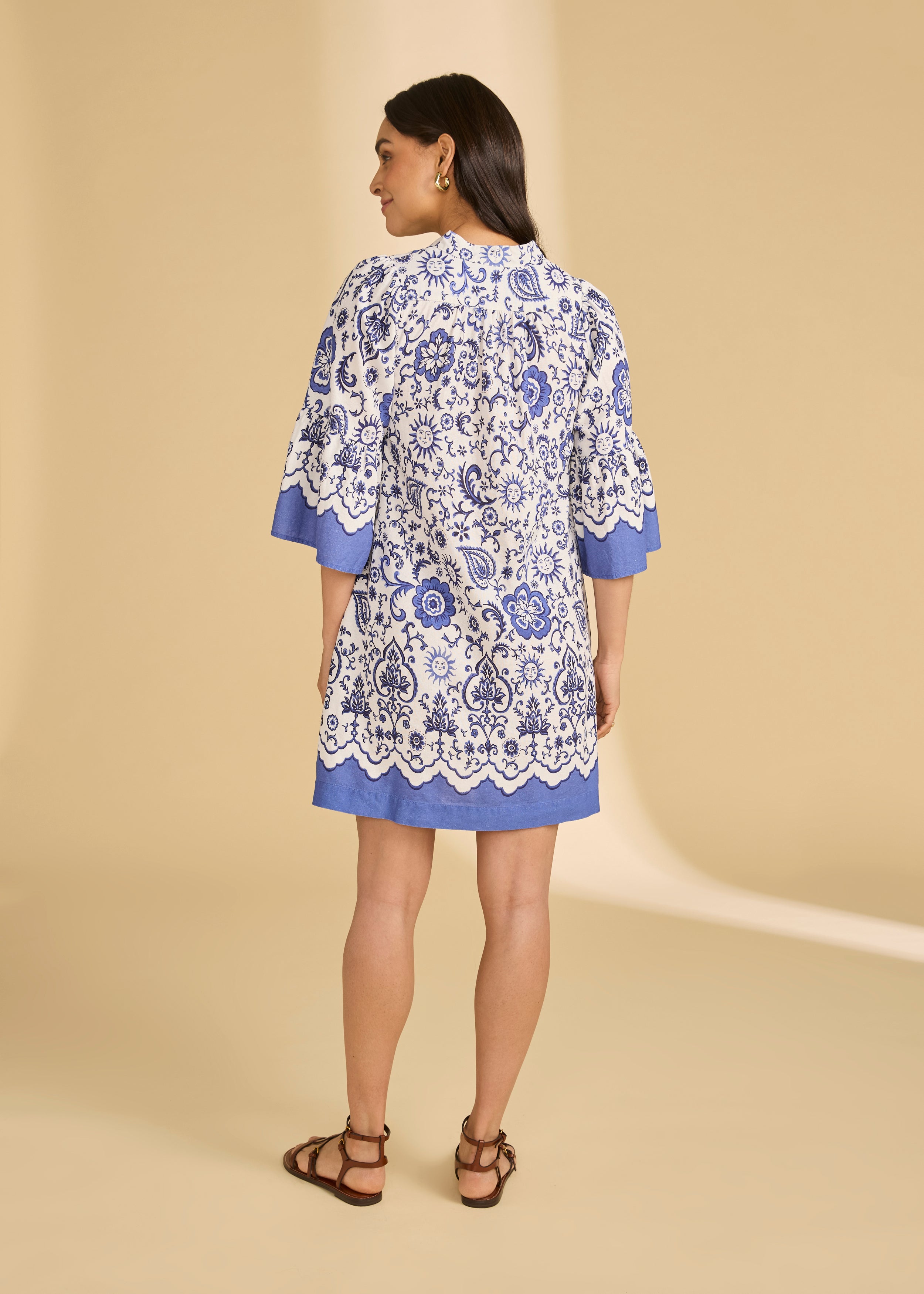 Back view of Sundial Border dress showcasing bell sleeves and border pattern by French Dressing Jeans (FDJ)