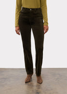 Close-up front view of Suzanne straight leg pant in blueberry with high-rise and slash pockets by French Dressing Jeans (FDJ)