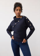 Front view of navy sweater with side button design and fitted silhouette by French Dressing Jeans (FDJ)