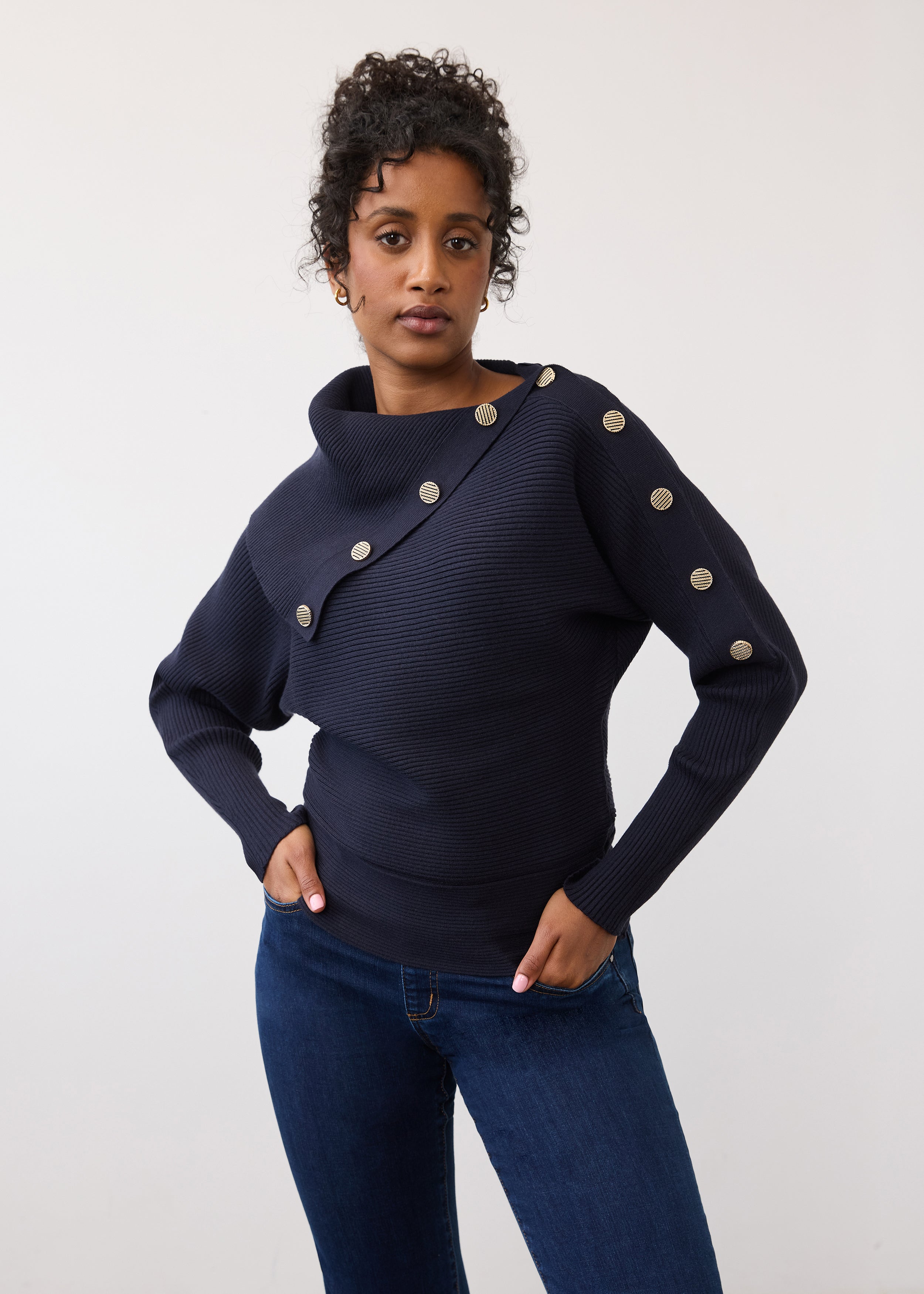 Front view of navy sweater with side button design and fitted silhouette by French Dressing Jeans (FDJ)
