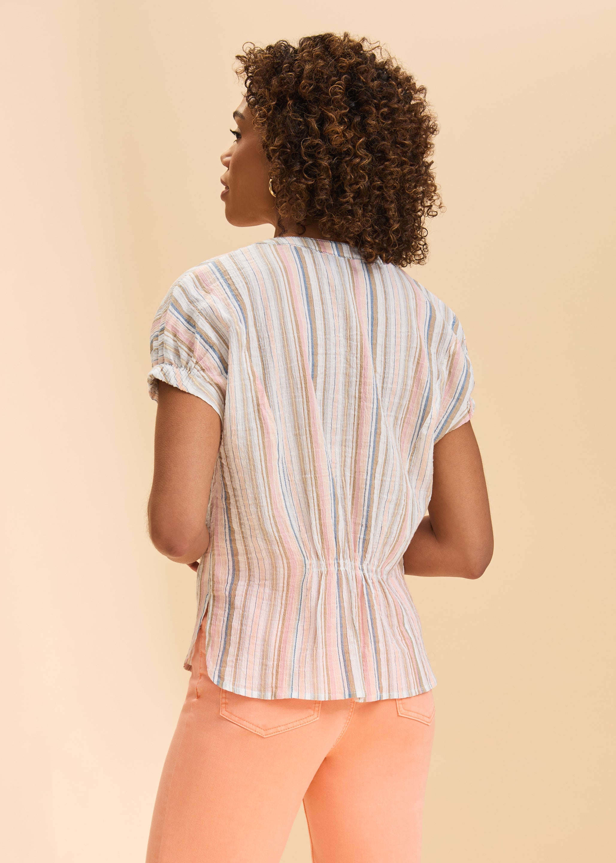 Back view of multicolor striped blouse showing gathered detail and drop shoulders by French Dressing Jeans (FDJ)