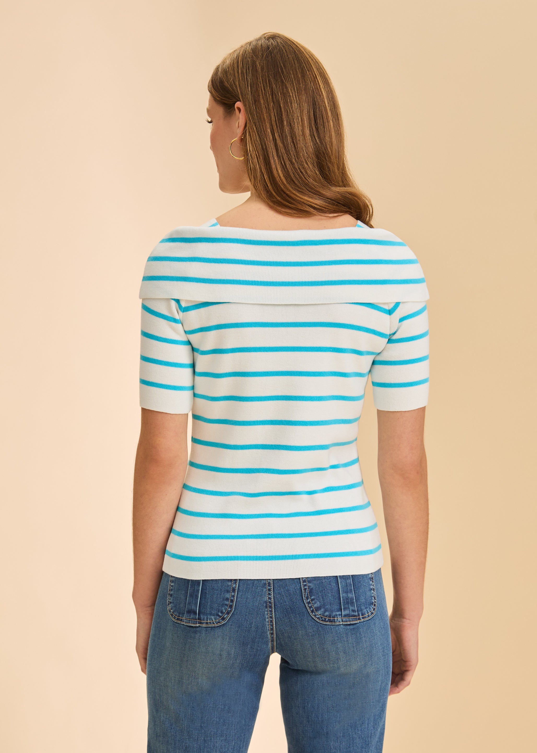 Back view of black and white boatneck stripe sweater highlighting clean lines by French Dressing Jeans (FDJ)