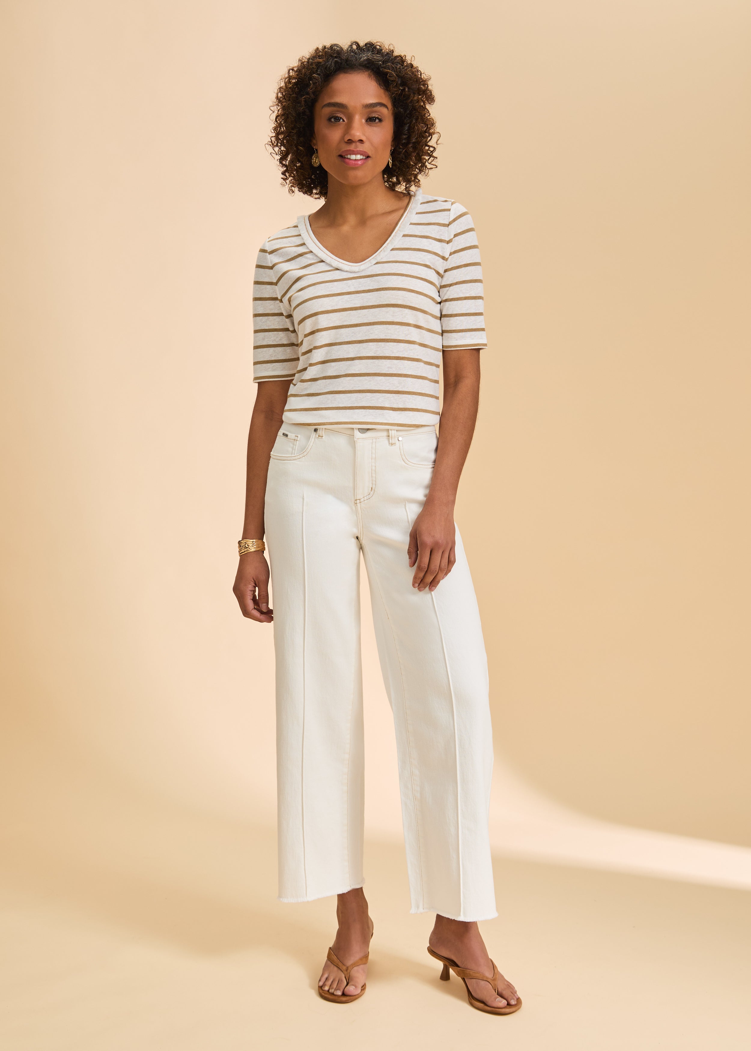 Front view of ivory straight ankle denim with seam detailing and high-rise by French Dressing Jeans (FDJ)