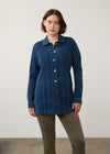 Dark rinse long button-down jacket with front pockets and button closure by French Dressing Jeans (FDJ)