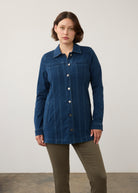 Dark rinse long button-down jacket with front pockets and button closure by French Dressing Jeans (FDJ)