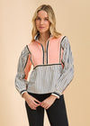 Front view of cantaloupe mix media half zip top with striped sleeves and high collar by French Dressing Jeans (FDJ)