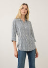 Front view of striped navy and white shirt with button front by French Dressing Jeans (FDJ)