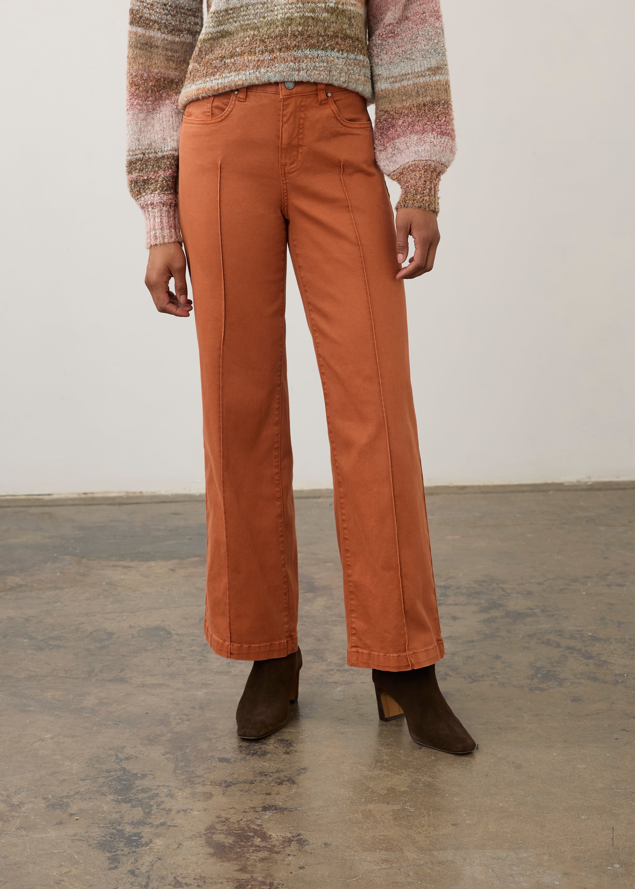 Front view of terracotta wide-leg denim with mid-rise waistband by French Dressing Jeans (FDJ) par French Dressing Jeans (FDJ)