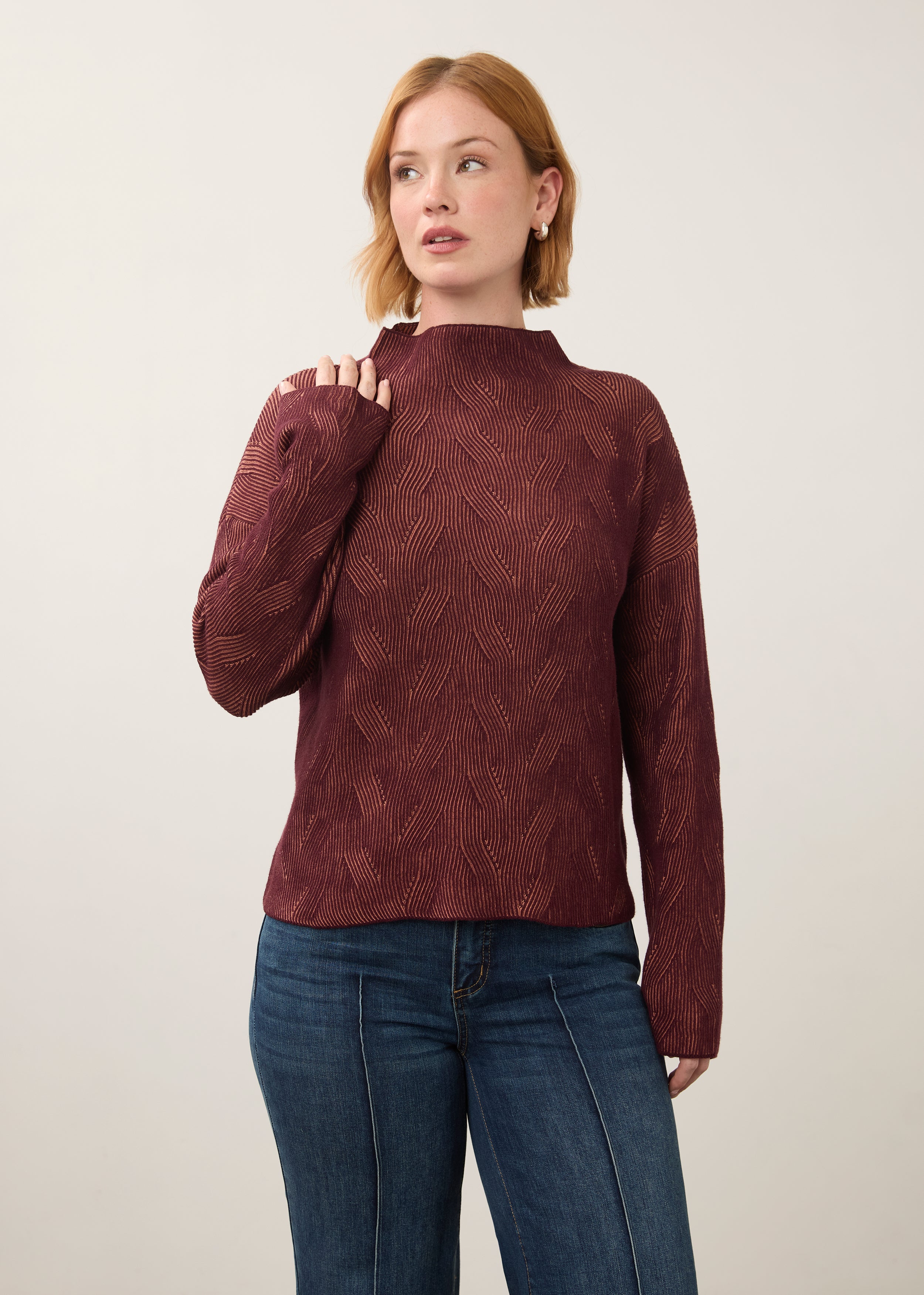 Front view of burgundy long sleeve top with patterned texture by French Dressing Jeans (FDJ)