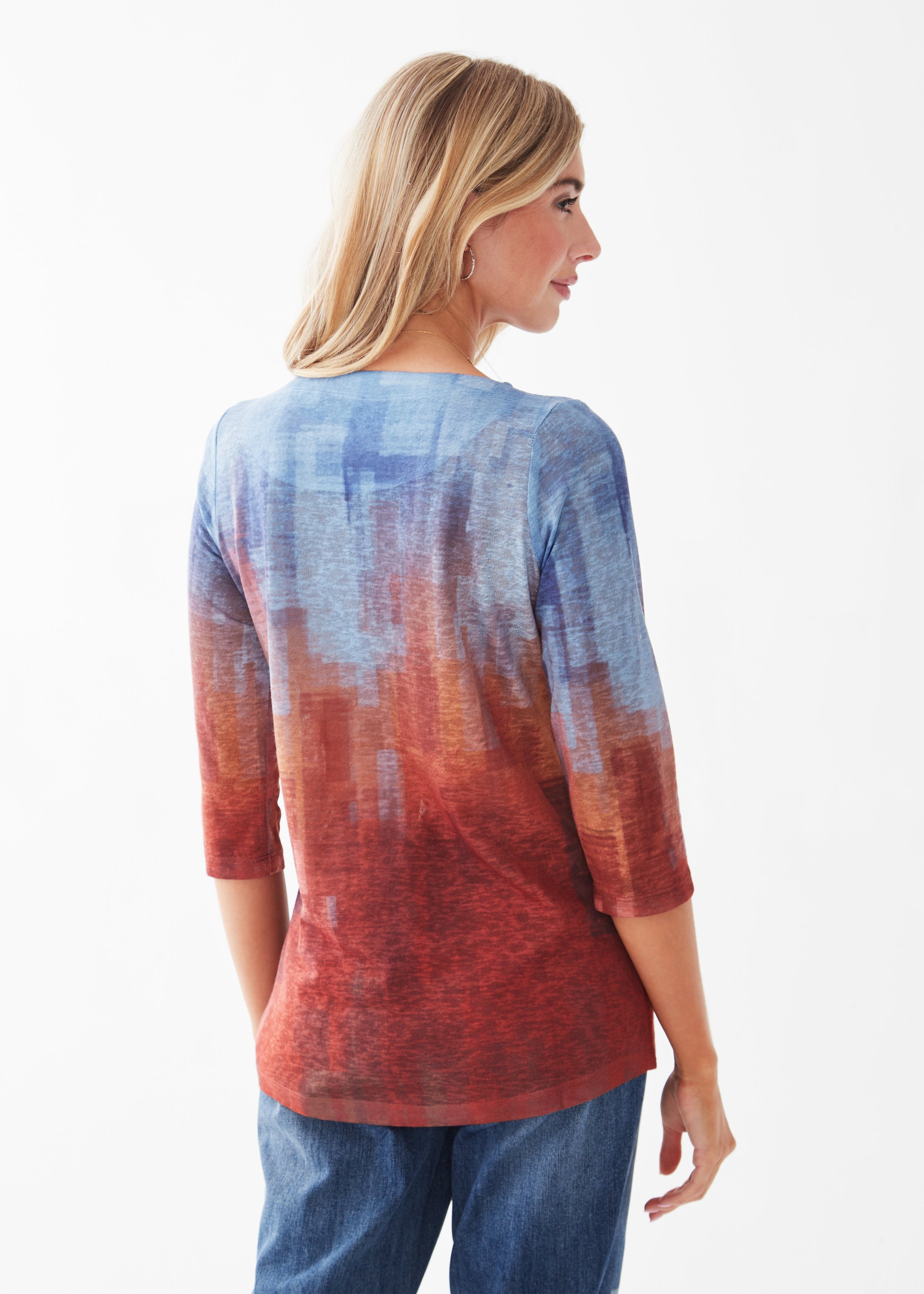 PRINTED 3-4 SLEEVE BOATNECK TOP