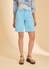Close-up front view of light blue Petite Suzanne shorts, showcasing button closure by French Dressing Jeans (FDJ)
