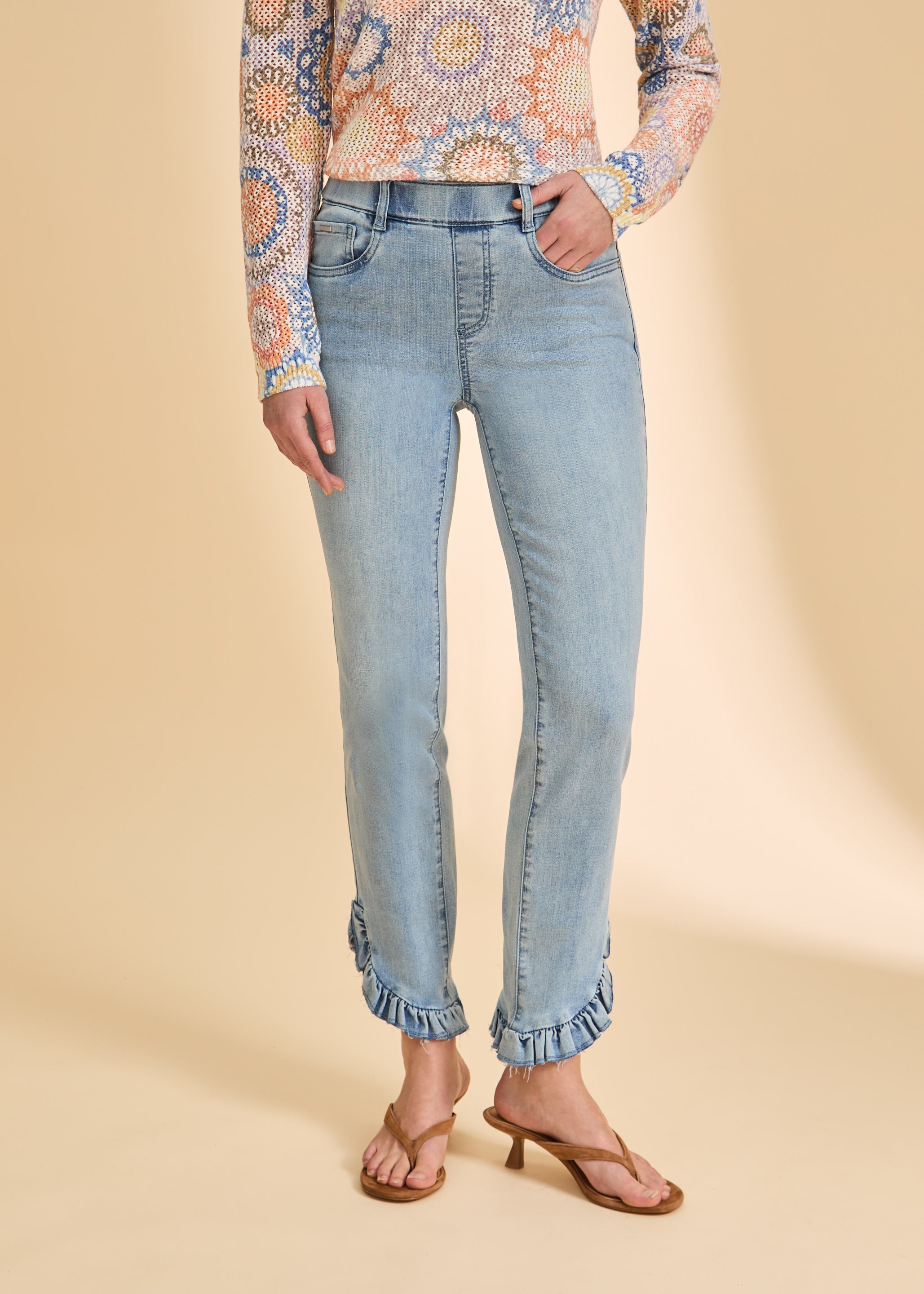 Close-up front view of blue eclipse boot crop denim showing detailed frayed hem by French Dressing Jeans (FDJ)