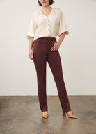 Front view of burgundy straight ankle denim with pull-on design and mid-rise waist by French Dressing Jeans (FDJ) par French Dressing Jeans (FDJ)