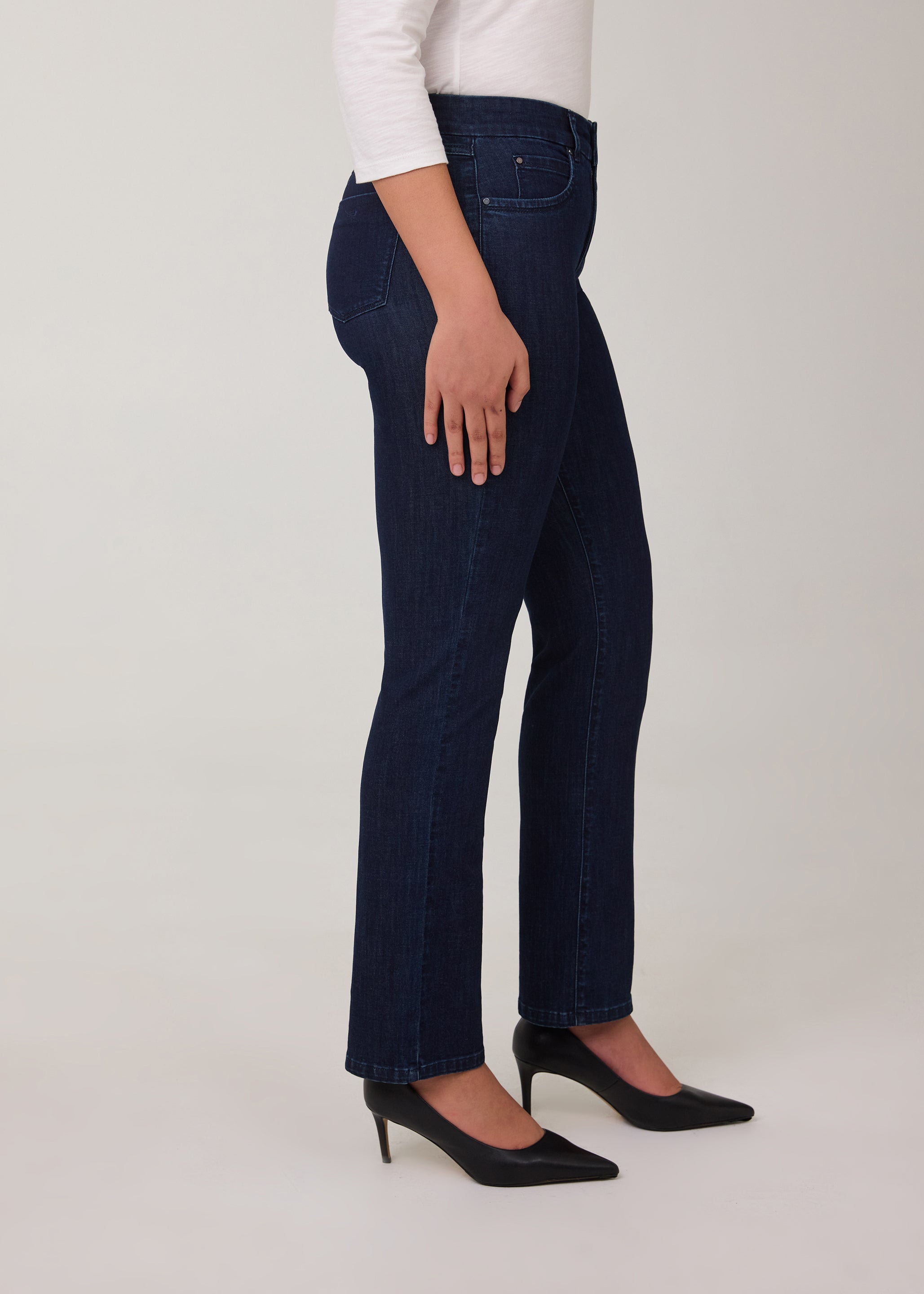 Side profile of slim fit straight leg jeans in Delight color by French Dressing Jeans (FDJ)