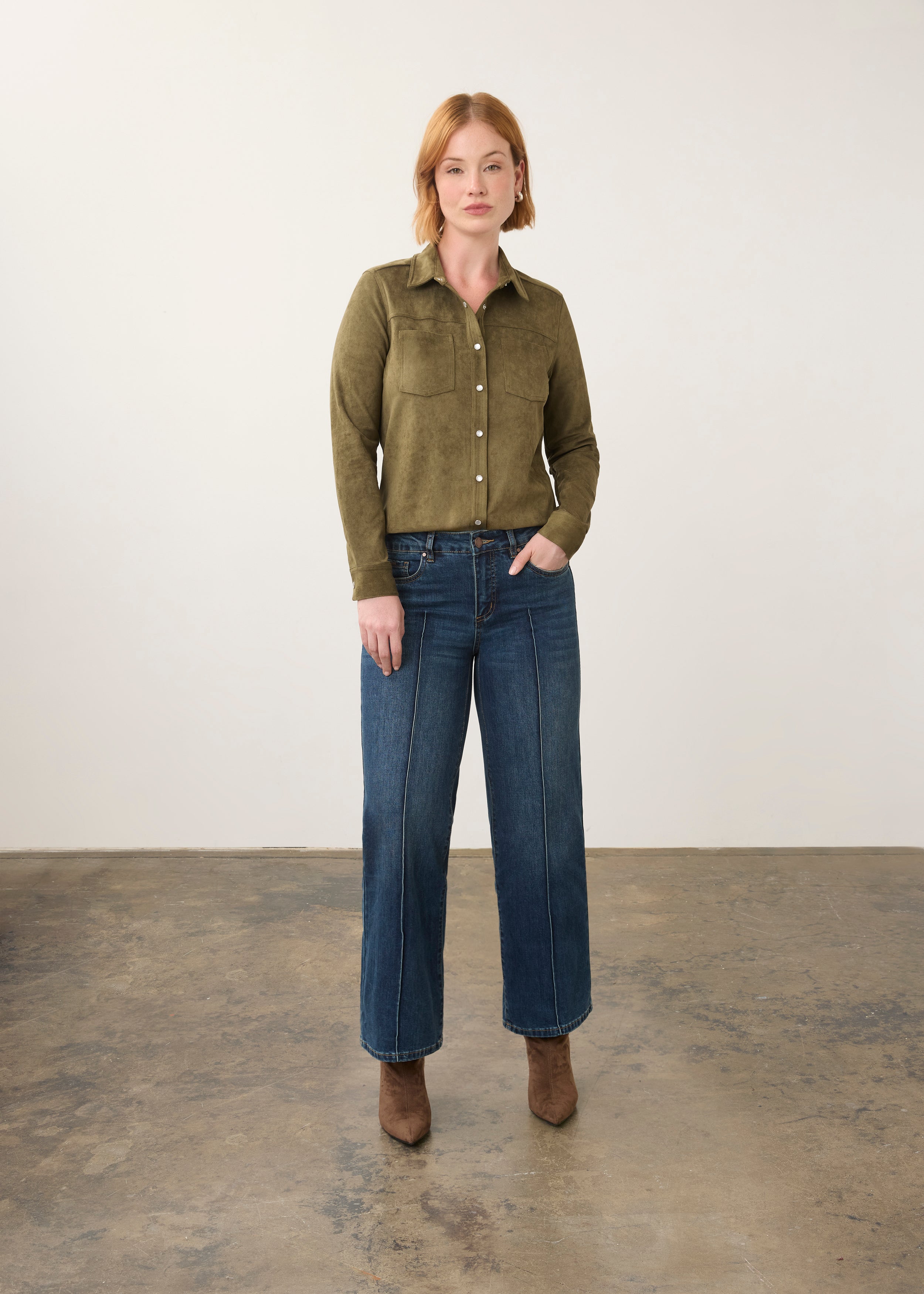 Model in olive suede shirt and jeans, full body view by French Dressing Jeans (FDJ)
