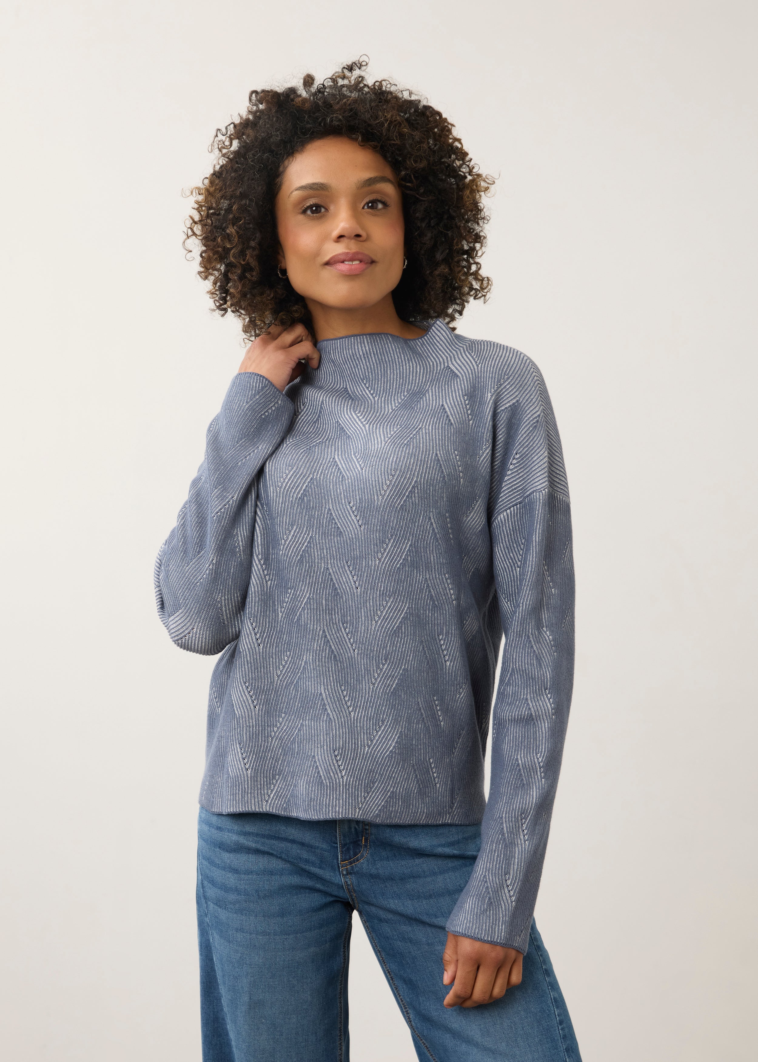 Front view of blue long sleeve top with patterned texture by French Dressing Jeans (FDJ)