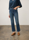 Front view of medium blue Olivia denim with a mid-rise waist and buttoned cuffs by French Dressing Jeans (FDJ)