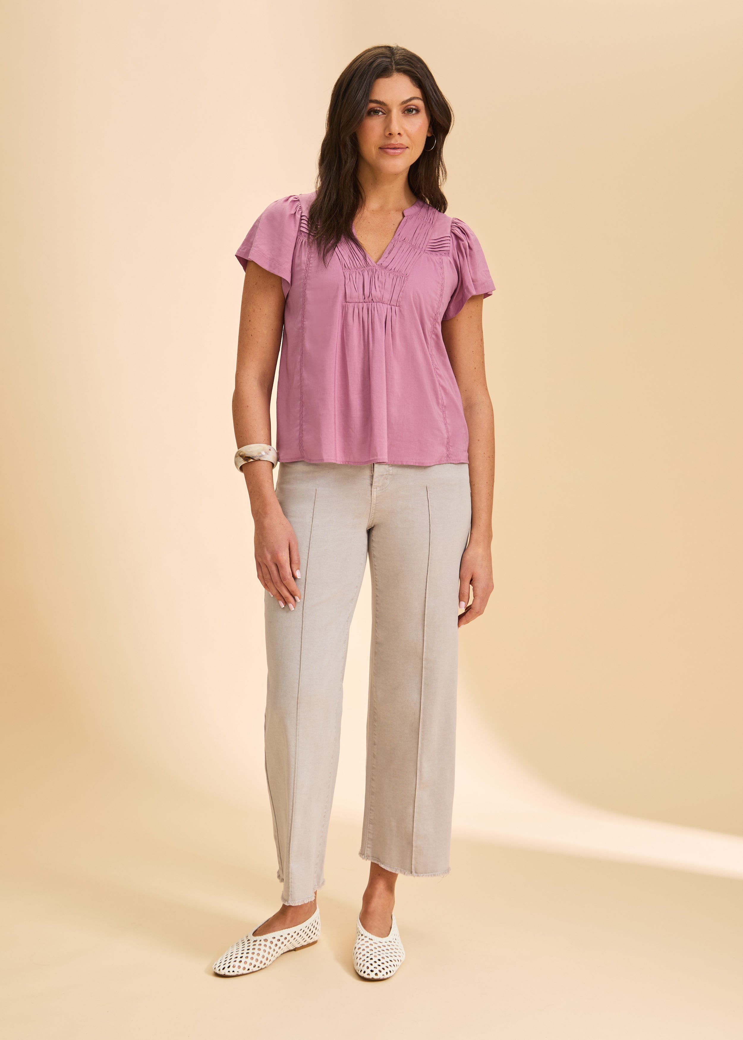 Purple top with taupe wide-leg pants full view by French Dressing Jeans (FDJ)