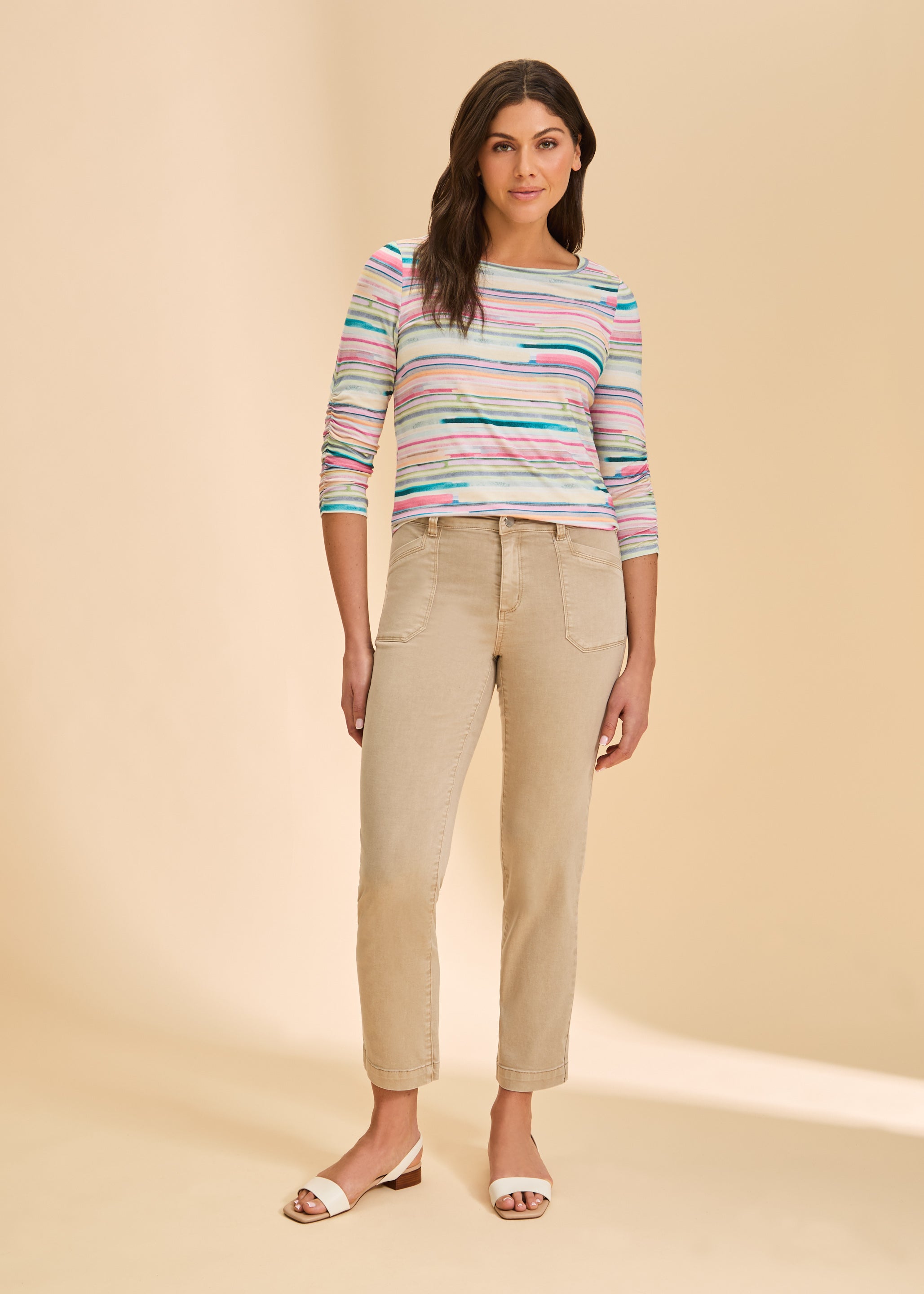 Striped top with beige pants full view by French Dressing Jeans (FDJ)