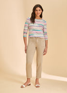 Striped top with beige pants full view by French Dressing Jeans (FDJ)