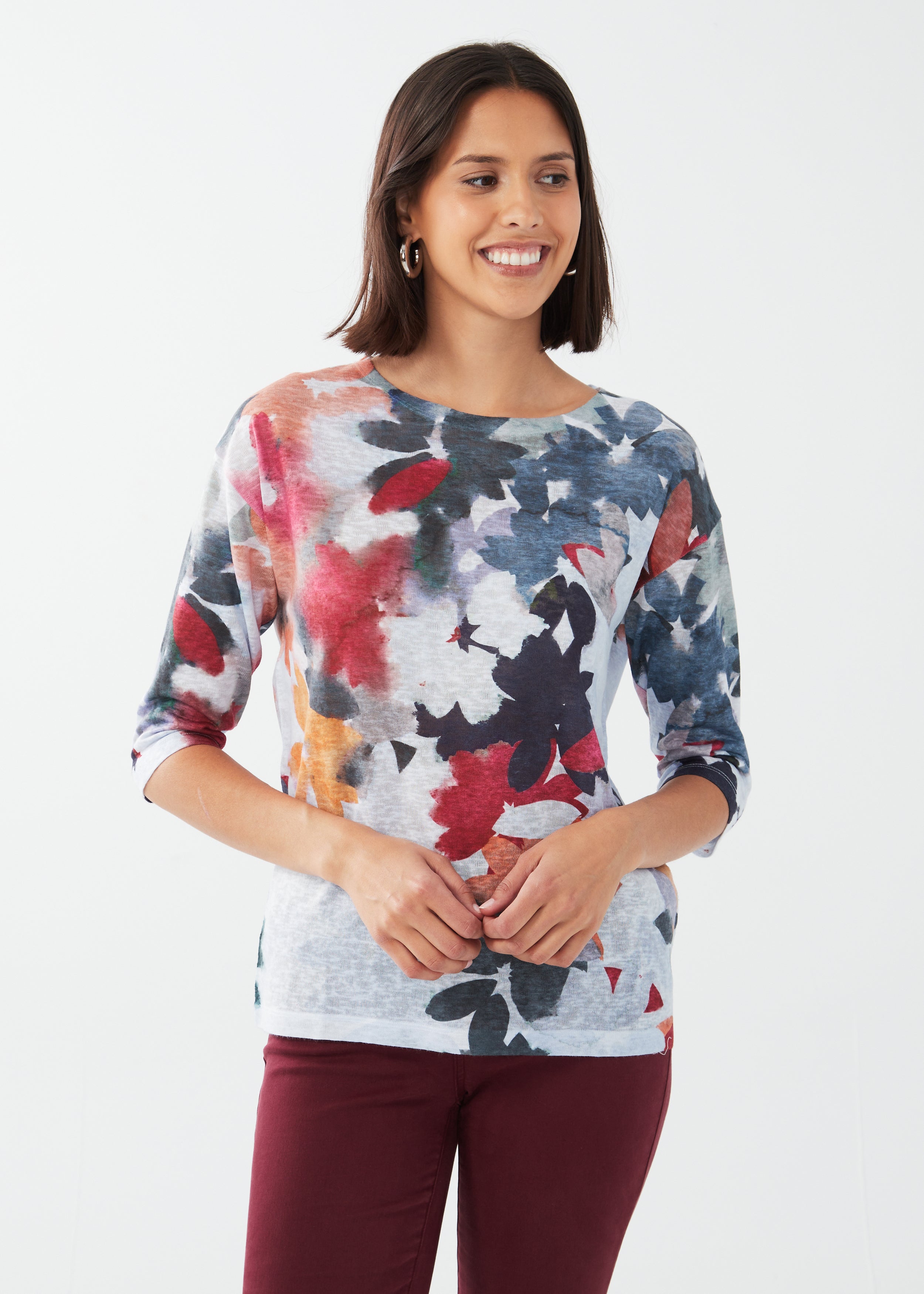 printed drop shoulder 3-4 sleeve top