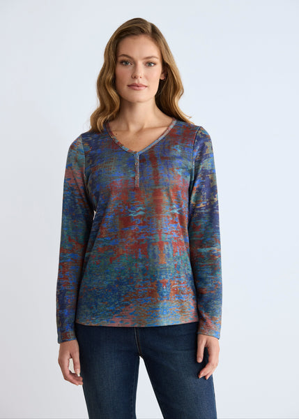 Long-Sleeve Notch Neck Top, Autumn Reflection – French Dressing