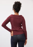 Back view of burgundy off-the-shoulder sweater showing fit by French Dressing Jeans (FDJ)