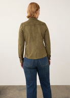 Back view of olive suede shirt highlighting smooth texture by French Dressing Jeans (FDJ)