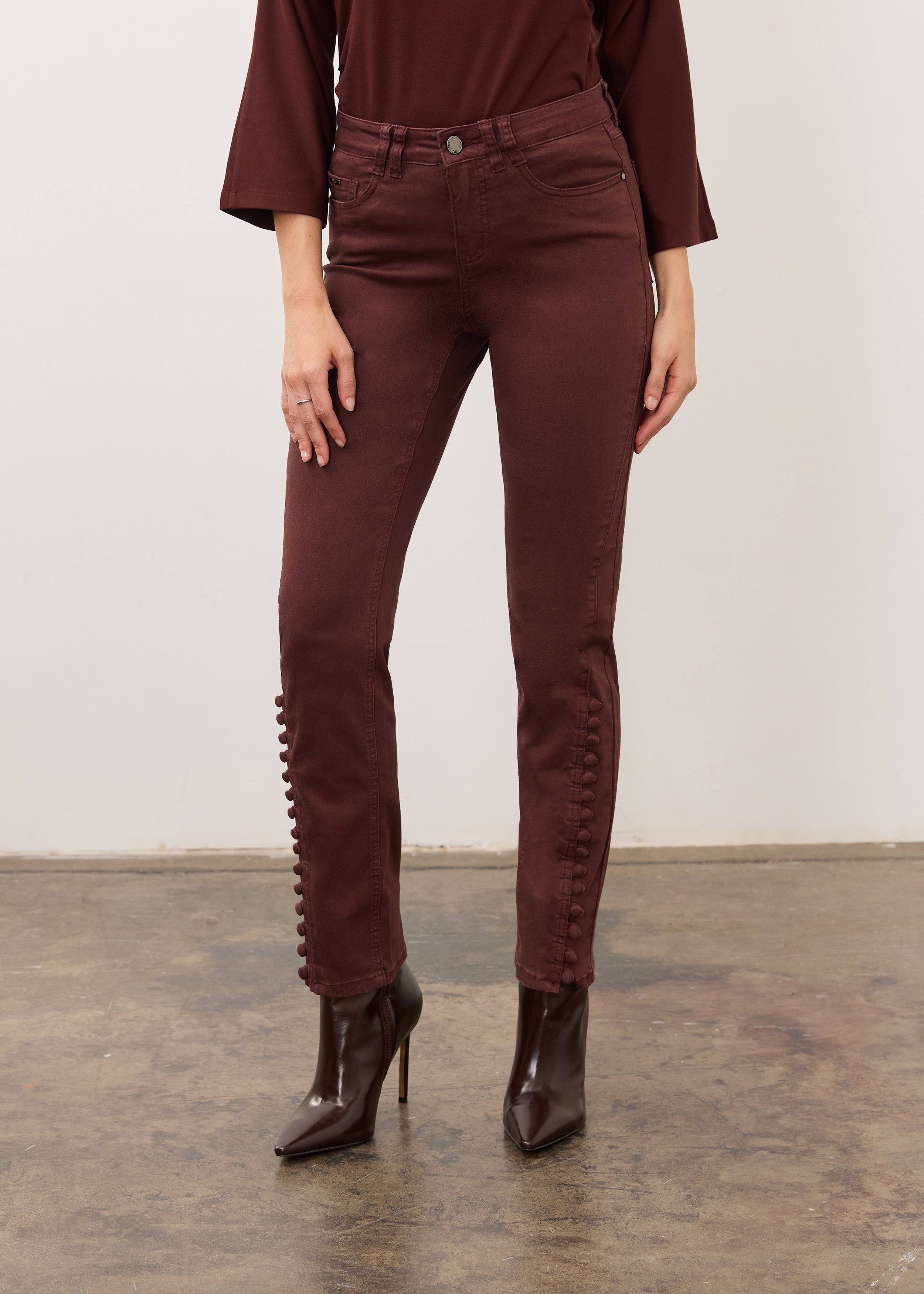 Front view of Olivia pencil leg denim in fig showing mid-rise waist and front pockets by French Dressing Jeans (FDJ)