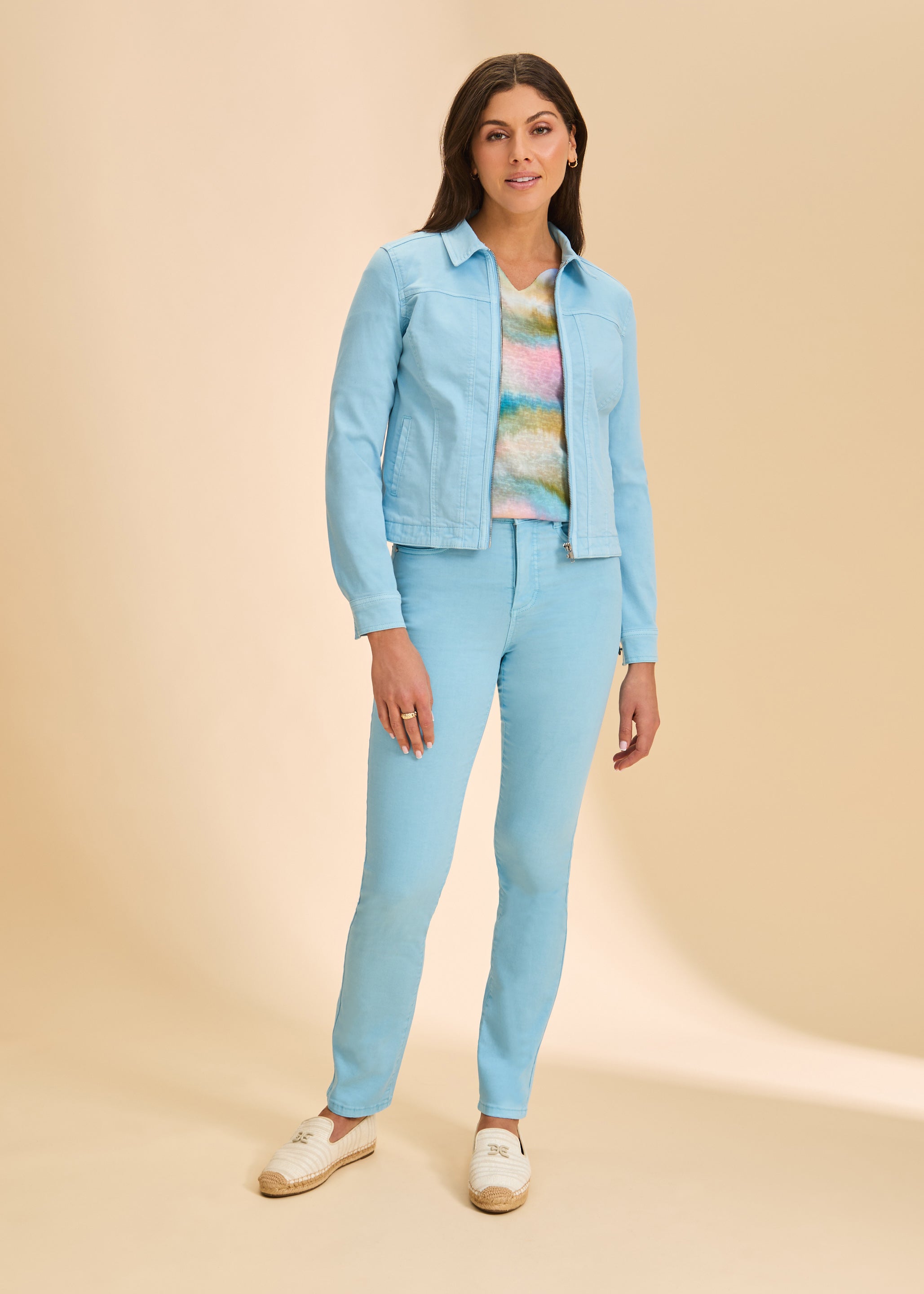 Full view of Pacific Blue jacket styled with matching pants by French Dressing Jeans (FDJ)