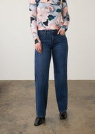 Front view of dark wash straight leg jeans with floral top, featuring front pockets by French Dressing Jeans (FDJ) par French Dressing Jeans (FDJ)