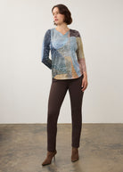Full-body view of 3/4 sleeve notch neck top paired with brown pants in Warn color by French Dressing Jeans (FDJ)