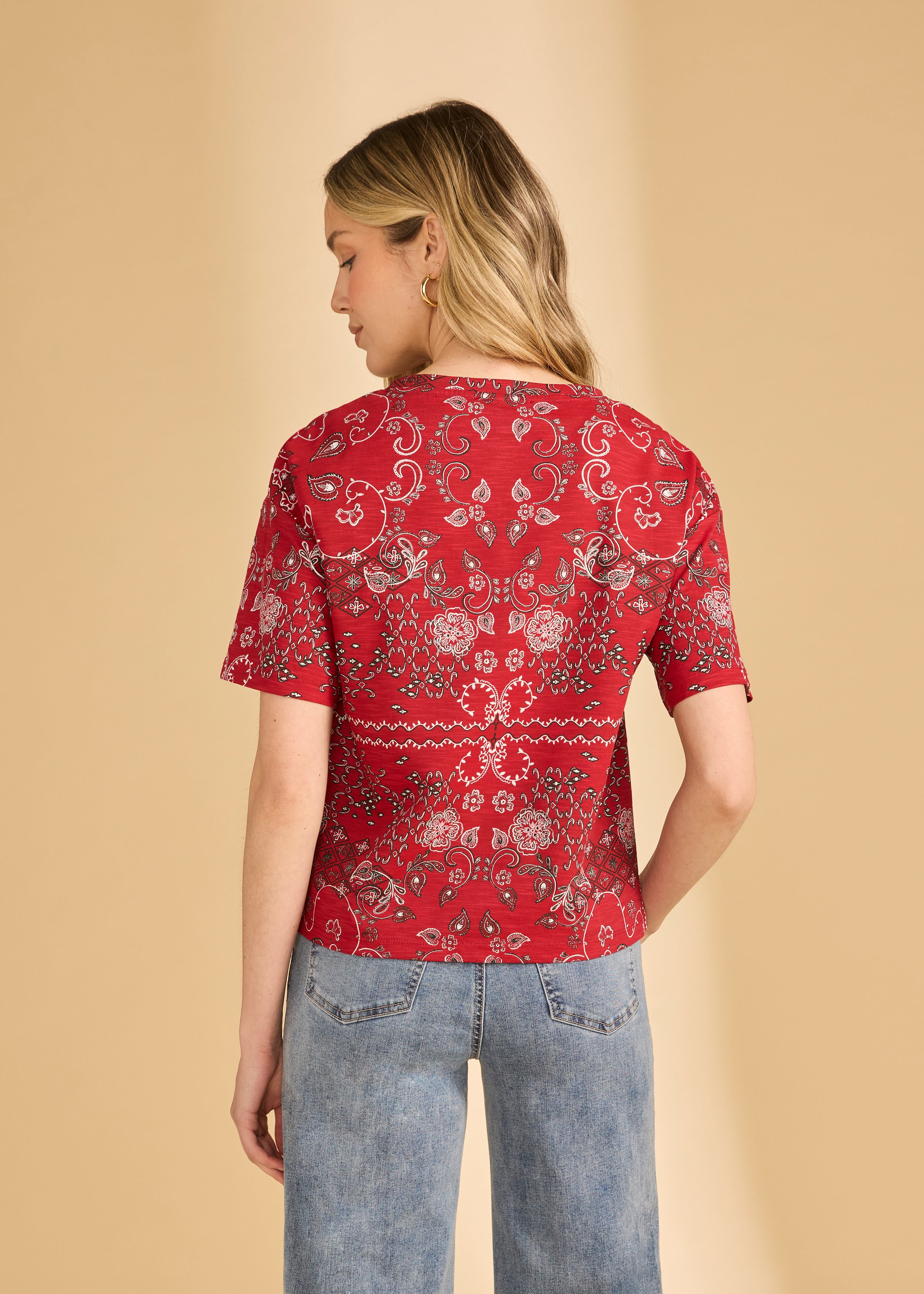 Back view of red Polynesian block print top showcasing intricate design and comfortable cut by French Dressing Jeans (FDJ)