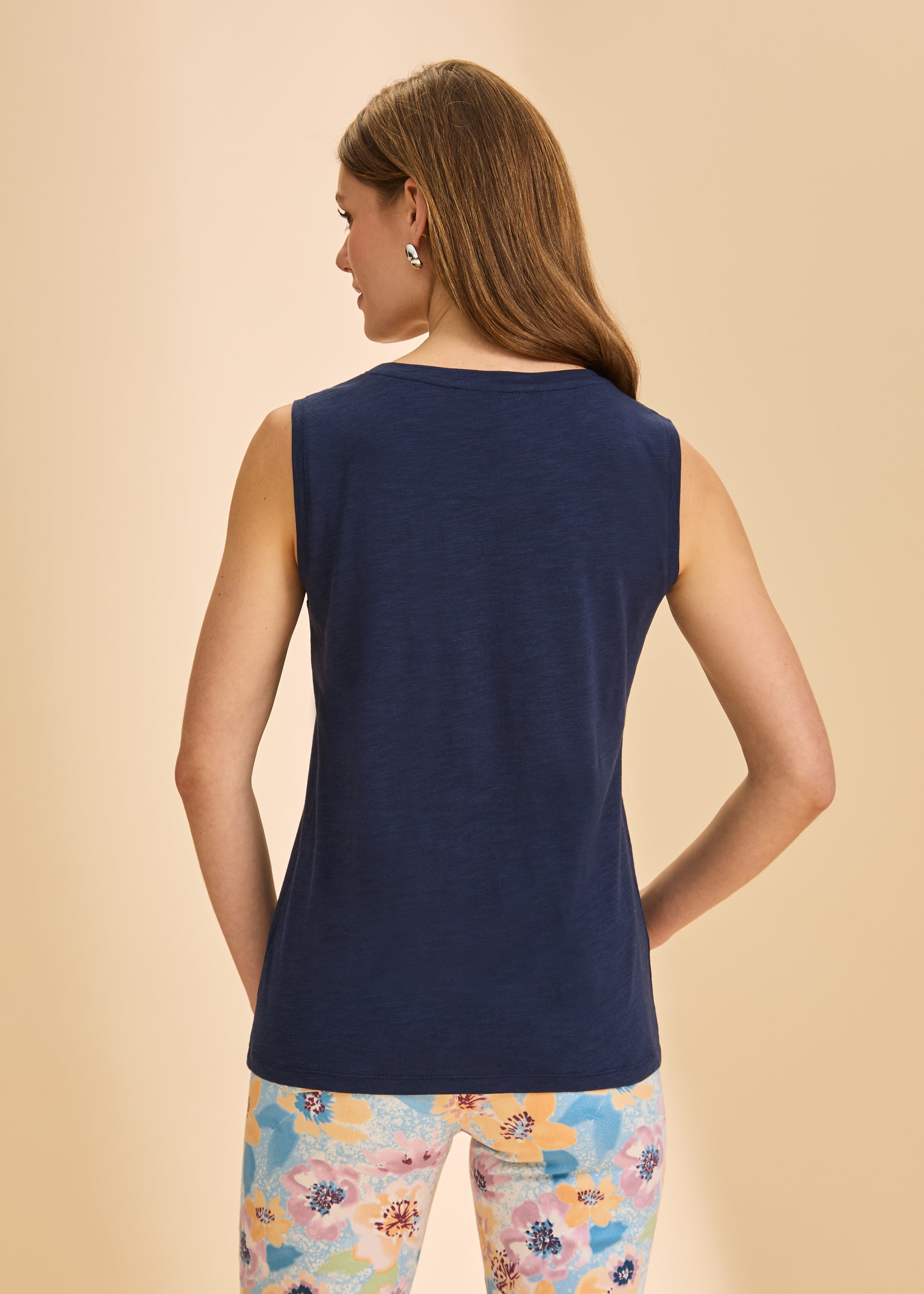 Back view of navy sleeveless top highlighting classic design and comfortable fit by French Dressing Jeans (FDJ)