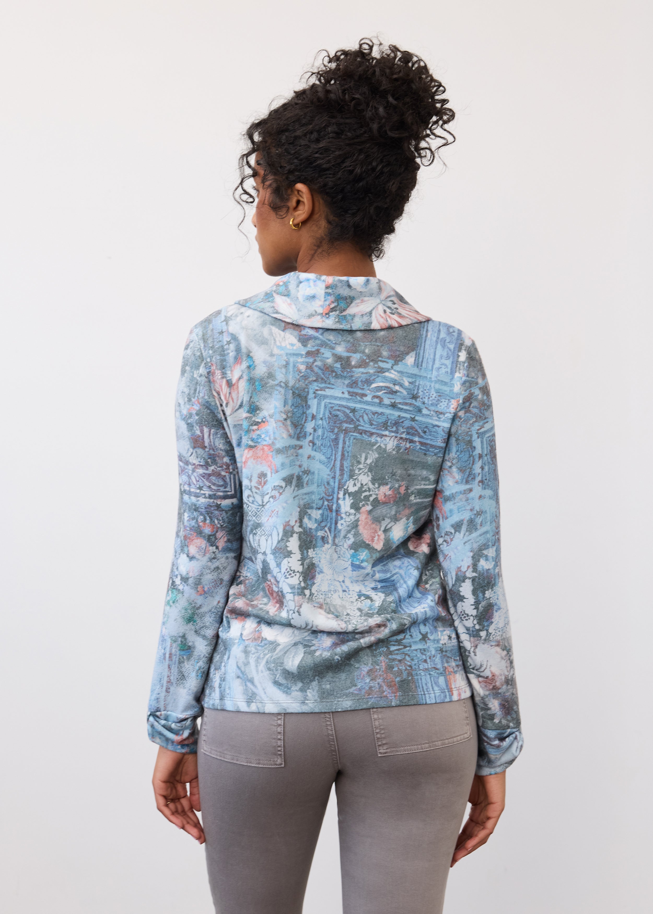 Back view of indigo cowl neck top highlighting floral print and relaxed fit by French Dressing Jeans (FDJ)