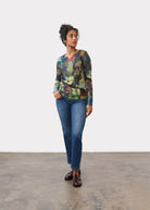 Full body view of abstract print top with jeans and loafers by French Dressing Jeans (FDJ)