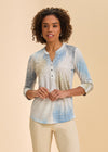 Front view of blue and beige patterned top with button detail by French Dressing Jeans (FDJ)