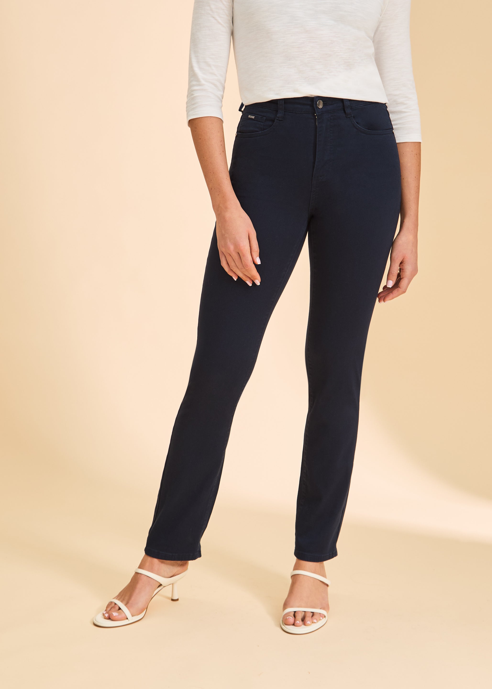 Close-up front view of navy straight-leg jeans, showing sleek fit by French Dressing Jeans (FDJ)