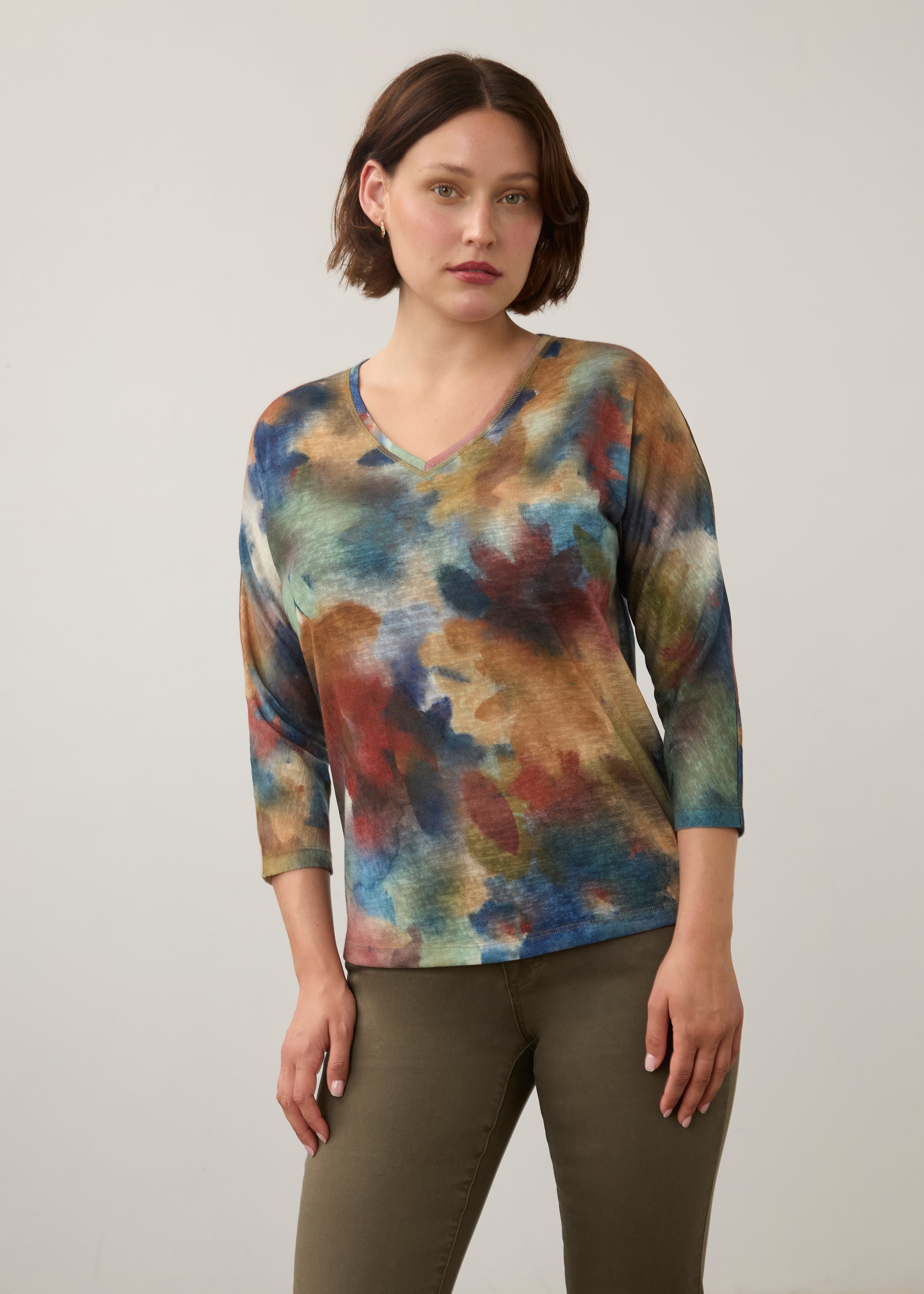 Front view of Henley top with watercolor design, V-neck and 3/4 sleeves by French Dressing Jeans (FDJ)