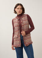 Front view of multicolored textured vest with fringe trim and patch pockets by French Dressing Jeans (FDJ)