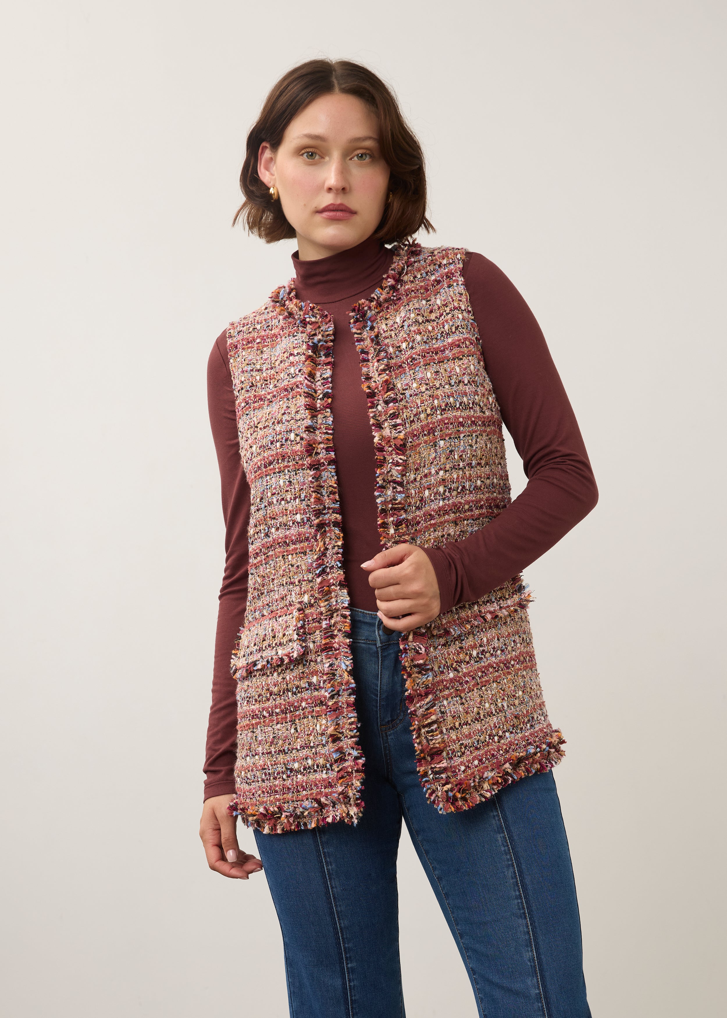 Front view of multicolored textured vest with fringe trim and patch pockets by French Dressing Jeans (FDJ)