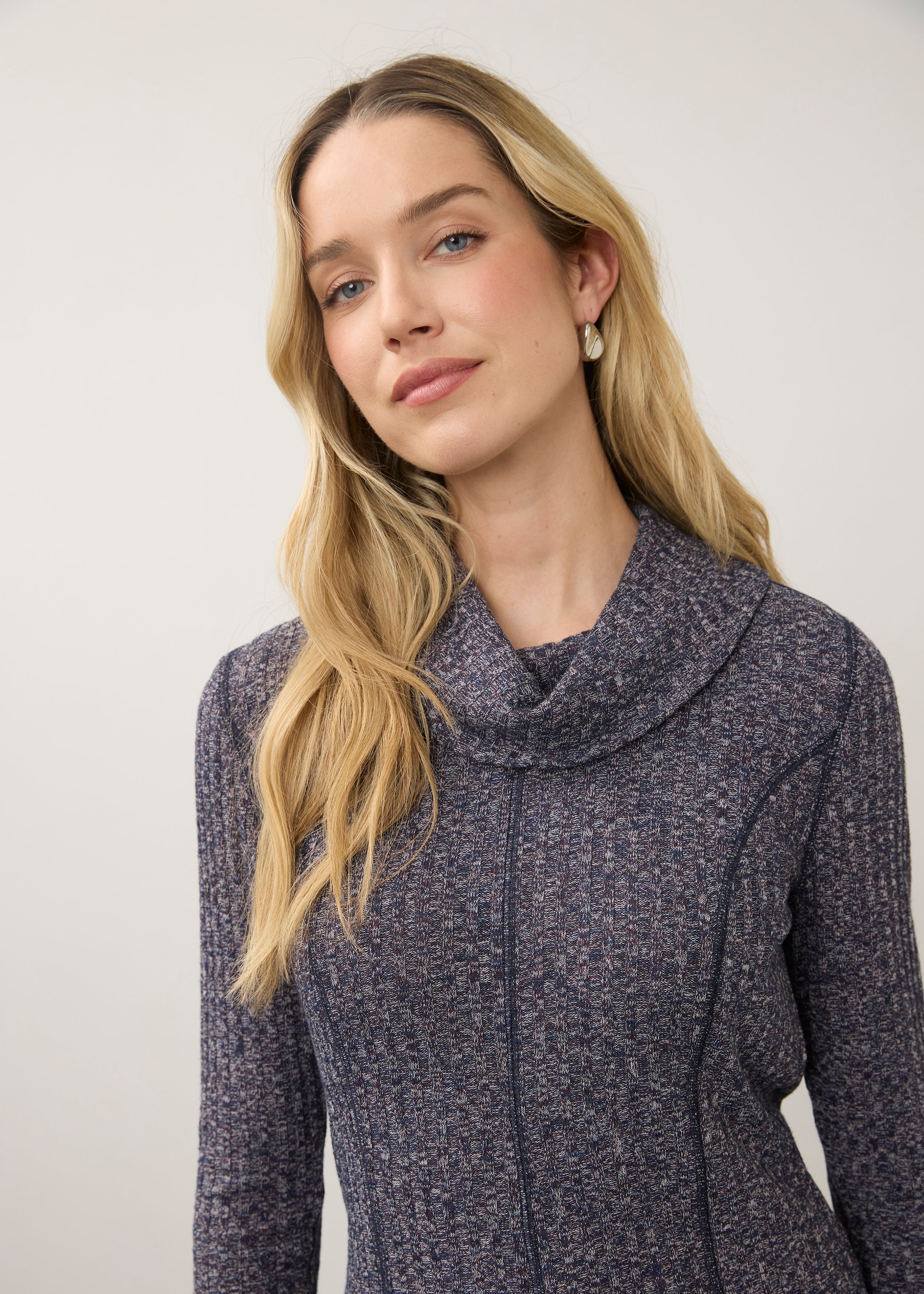 Close-up of blue cowl neck top highlighting cowl detail by French Dressing Jeans (FDJ)