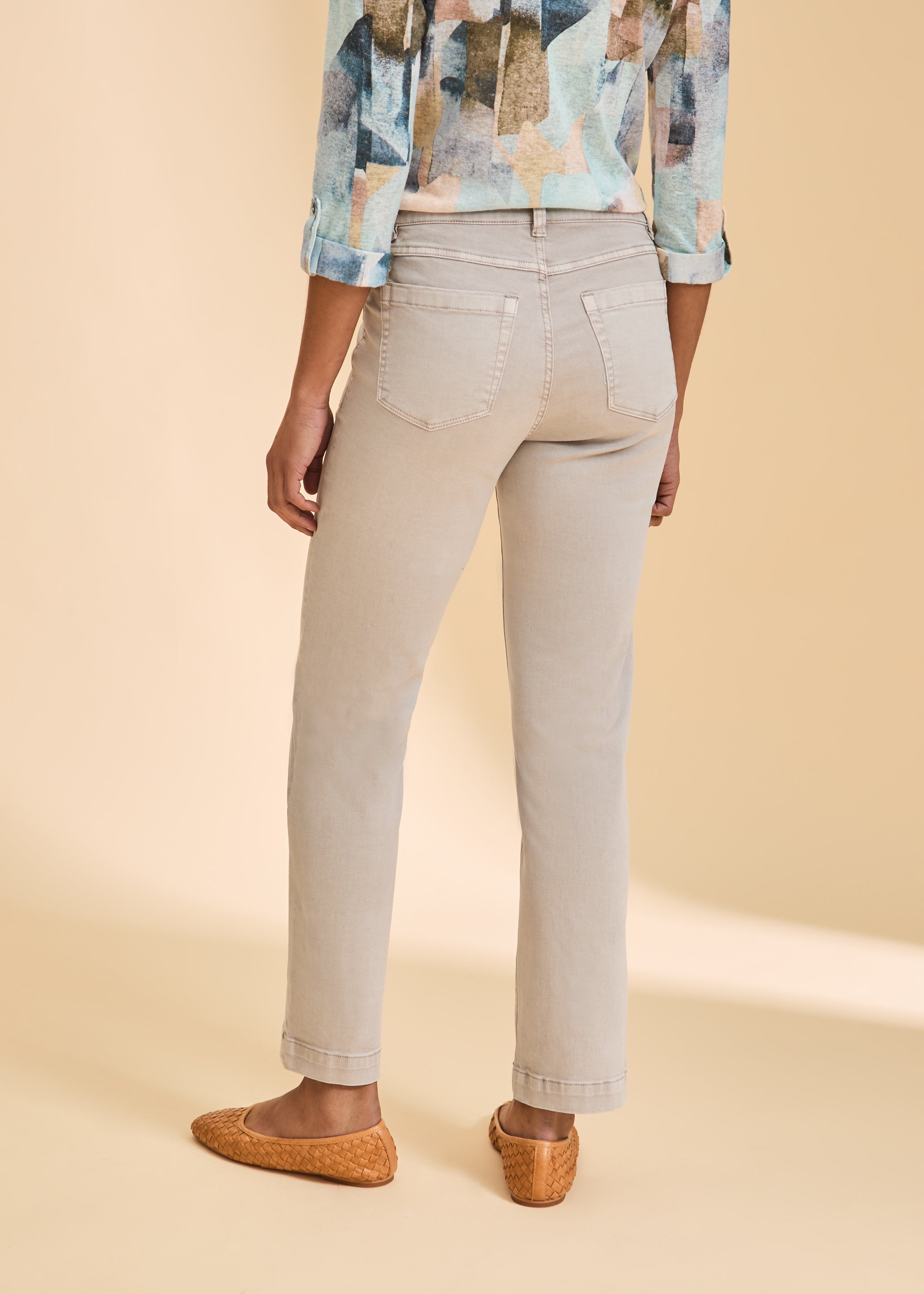 Taupe pants back view showing patch pockets by French Dressing Jeans (FDJ)