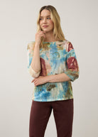 Front view of Henley top in vibrant pastels, round neck and 3/4 sleeves by French Dressing Jeans (FDJ)