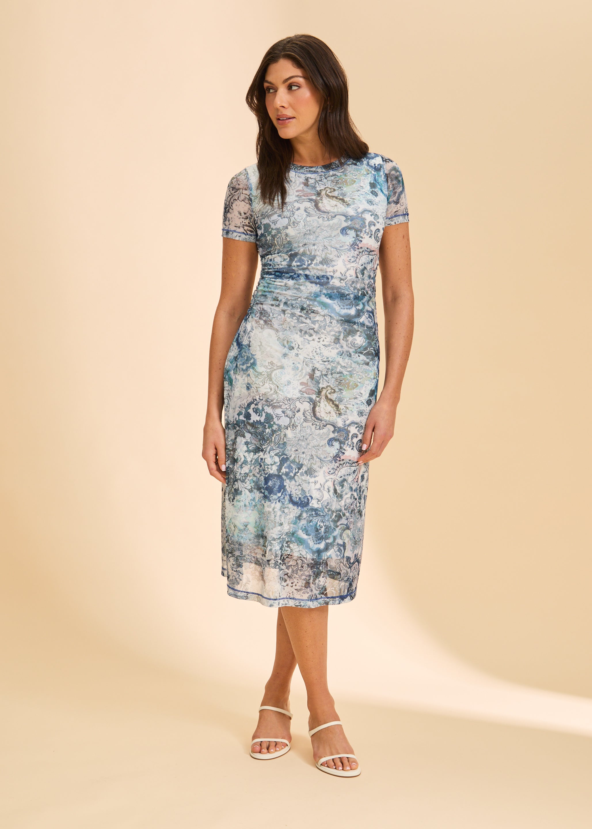 Front view of blue printed dress with short sleeves and fitted silhouette by French Dressing Jeans (FDJ)