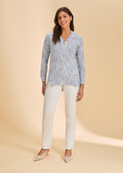 Full view of striped blue tunic with white pants by French Dressing Jeans (FDJ)