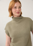 Close-up of olive green ribbed top showing high collar and short sleeves by French Dressing Jeans (FDJ)